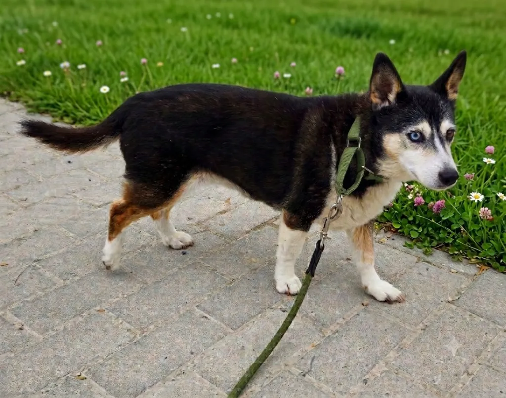 mops met losse groene halsband.webp